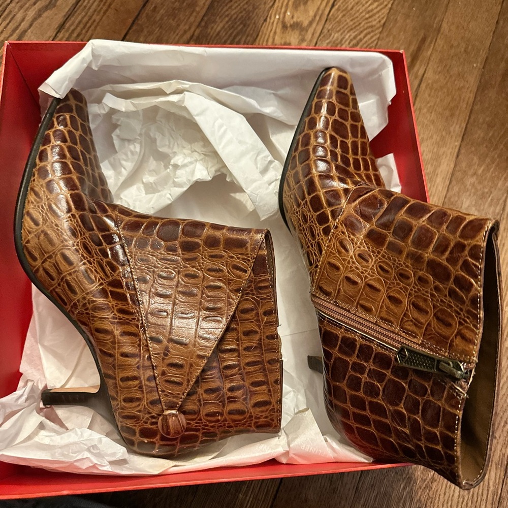 Bernardo Tan Crocodile Pattern Heeled Boots